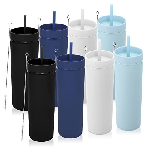 Volhoply 20oz Tumlare med Lock Och Sugrör 8-pack, Dubbla Väggar, Magra Plastglas, 550 ml återanvändbar söt Kaffemugg, BPA-Fri Matt Akryl Vattenkoppar med Sugrör för Fester, DIY-Presenter