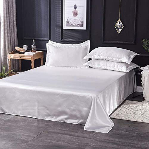 GTYUNZP Silky Cool Comfortable Fade Resistant Bed Flat Sheet,Solid Color Ice Silk Satin Fabric Bedding Queen King Size Bed Sheet,Soft Breathable Bed Linen (Color : White, Size : 180x230cm)