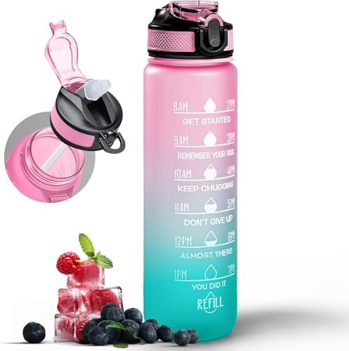 Active 100 Water Bottle 1000ml Sports Water Bottle with Motivational Time Marker & Straw, Dishwasher Safe Leak-proof Drink Bottle BPA Free Non-Toxic Tritan Material 1 Click Open for Running Gym