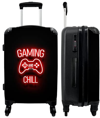 NoBoringSuitcases.com® Koffer groß Trolley Rollkoffer Reisekoffer mit 4 Rollen Fotokoffer - Gaming - Zitate - Gaming und Chillen - Neon - Rot - 67x43x25cm - 90 Liter
