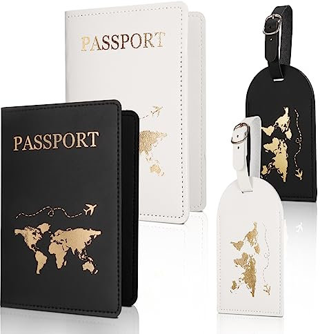 Firtink 4 Stücke Reisepasshülle und Kofferanhänger Set, Passport Hülle, Gepäckanhänger mit Adressschild, PU Leather Reisepass Schutzhülle für Kreditkarten, Ausweis und Reisedokumente