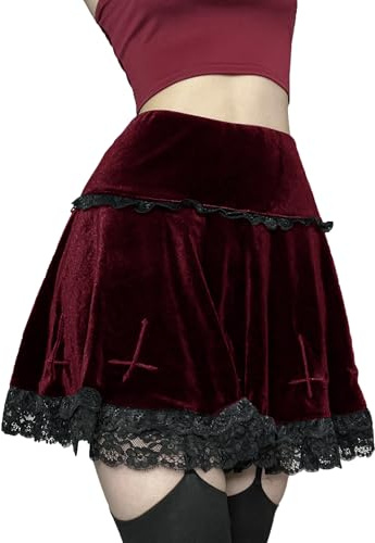 Goth Cross Embroidered red Skirt Gothic Vintage Lace Velvet Emo Alt Skirt Fairy Grunge High Waist A Line lace Mini Skirts M