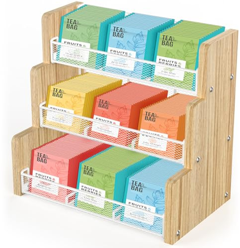 THYGIFTREE Tea Bag Organizer, 3 Tier Tea Box Storage, Solid Wood Tea Bag Holder for Kitchen, Office, Countertop,Sugar Packets, Creamers Holder