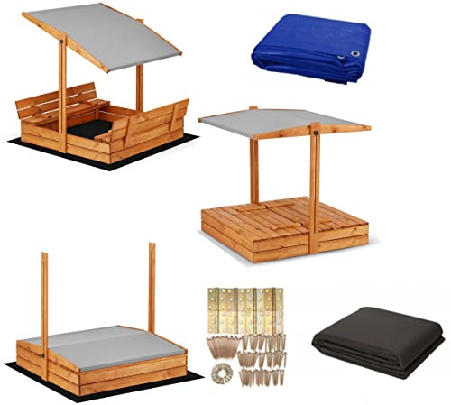 Magus Sandlåda, impregnerad med tak inkl. videoinstruktioner för montering, solskydd, UV-skydd, sandlåda med lock med sittbänkar med presenning, sandlåda, trä, 120 x 120, 140 x 140 XL (116 x 116 grå)