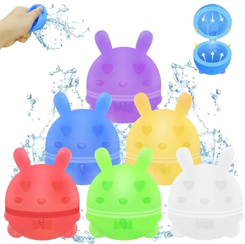 Wasserbomben Wiederverwendbar Selbstschließend, 6 Stück Silikon Wasserballons Bunte Wasserball Kaninchenstil, Pool Strand Spielzeug Draußen Outdoor Sommer für Kinder