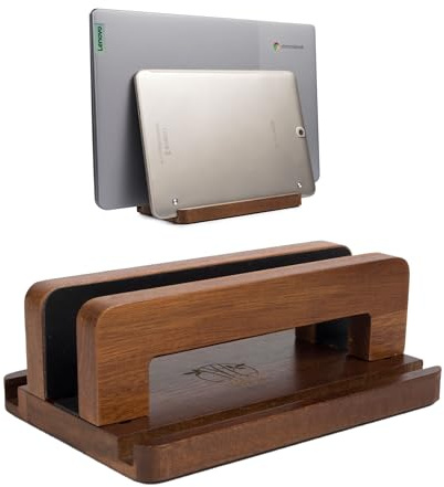 S&A WOODCRAFT 3 Slots Acacia Wood Vertical Laptop Stand, Adjustable Wooden Laptop Holder, Non-Slip Laptop Dock Compatible with Apple MacBook, Microsoft Surface, Gaming Laptops, IPad, Tablets