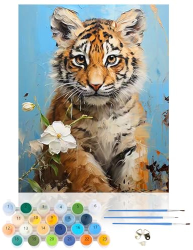 CEOVR Painting by Numbers for Adults,Tiger Canvas Oil Painting Kit Complete,Animal DIY Paint by Numbers for Adults Beginners,40x50 cm Frameless Flowers Paint by Numbers