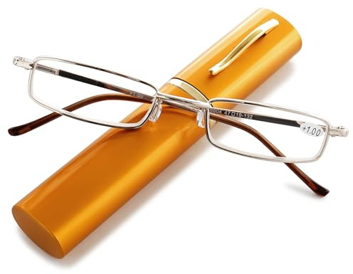 ABETOS Damen Schmal Lesebrille Herren Mini Kleine Blaulichtfilter Ultraleichte Metall Brille Lesebrillen Federscharnier Lesehilfe Sehhilfe mit Etui