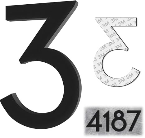 4 Inch House Numbers, Self-adhesive Mailbox Numbers Modern House Numbers for Outside Address Numbers for House Office Hotel Room Farmhouse Easy to Install Strong adhesive backing (3, Black)