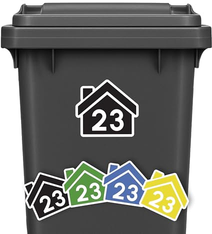 4-Teiliges Set Personalisierte Aufkleber für Mülltonnen, Abfallbehälter & Wheelie Bins | Wetterfest & UV-beständig | Mit Hausnummer | Für Restmüll, Bio, Papier, Gelber Sack | Made in Germany