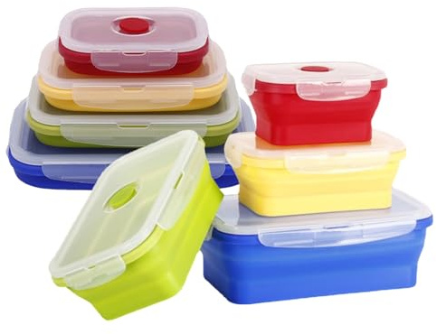 Elegauit Ciotole Pieghevoli, 4 Pezzi Contenitori di Stoccaggio Pieghevoli Rettangolari in Silicone con Coperchi per Microonde, Lavastoviglie, Congelatore, Strumento Essenziale per Campeggio, Camper