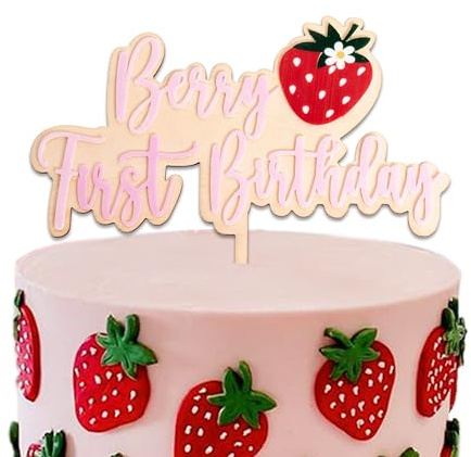 CIEQR Decoración para tarta de primer cumpleaños con diseño de fresas, decoración de pastel de cumpleaños dulce para fiesta de primer cumpleaños, aniversario, baby shower, accesorios para cabina de