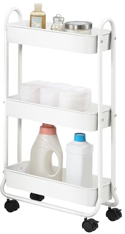 SunnyPoint Slim Rolling Storage Cart, 3 Tier Bathroom Storage Organizer Bathroom, Laundry Utility Cart (White)