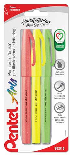 Pentel SES15C Brush Sign Pen Fluo, flexible Faserspitze, ideal für Lettering, Kalligraphie, Illustration fluoreszierende Farben, 3 Stück
