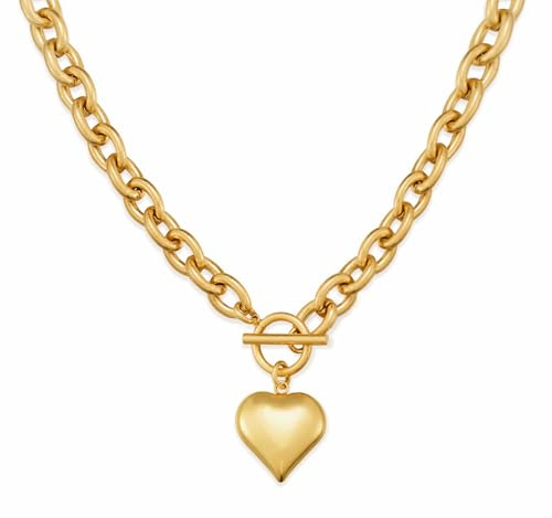 WOWORAMA Gold Chunky Chain Necklace for Women Puffy Heart Pendant Necklace White Gold Thick Chunky Chain Link Necklaces Heart Coin Choker Necklace