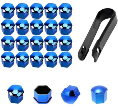 20 Stück Auto Radmutterkappen für Nissan Tiida Sunny Qashqai March Livina Teana X TRAI, Sechskant Radschrauben Abdeckungen Set mit Entfernung Werkzeug Reifenmutter-Abdeckkappen,B/Blue-21mm