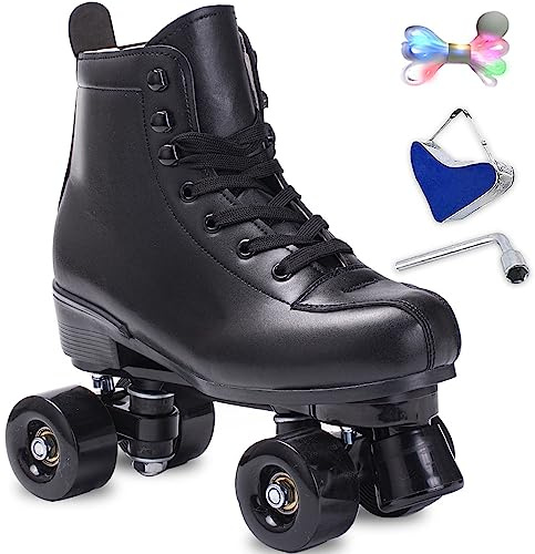 SCNUT Roller Skates Women Men High-Top PU Leather Roller Skate Classic Double-Row Roller Skates Outdoor Indoor Quad-Skates with Light up Shoe Laces (Black Wheel, 46-Women's 12 / Men's 11)