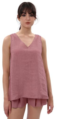 Amazhiyu Linen Womens Tops, Summer 100% Linen Vest Tops Casual Sleeveless Square Neck Pure Linen Blouse for UK S-XL Pink S