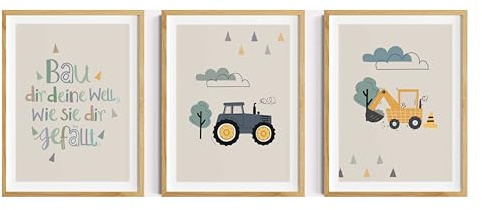 Generisch Kinderzimmer Bilder Junge, Beige mit weißem Rand, DIN A4 | Skandinavische Wanddeko, Fahrzeuge: Traktor, Bagger, Kinderspruch, 3er Set ohne Rahmen