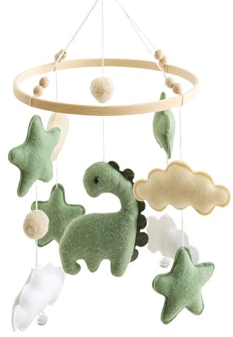 Baby Windspiel Dinosaurier mit Sternen & Wolken: Holz Mobile Babybett Dekor, Hängende Filz Windspiel Sensorisches Spielzeug, Grünes Kinderzimmer Geschenk für Jungen und Mädchen
