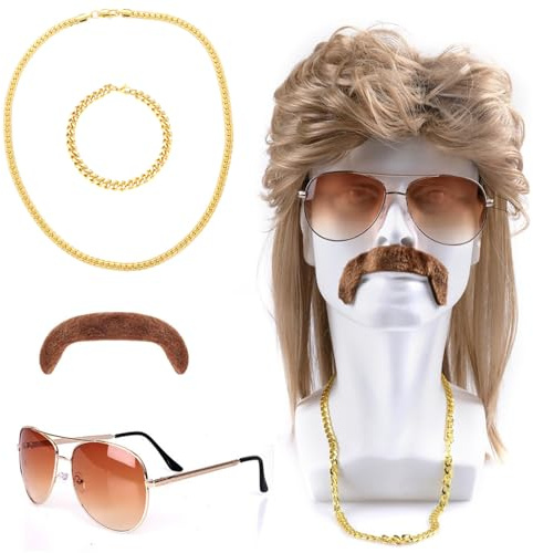 Xerteam Perruqu Mulet, Accessoire annee 80 Doré Perruque Homme Lunettes Collier Bracelet Barbe, Déguisement année 70 années 80 Disco Rock star, Fête thématique Carnaval Halloween Bal de maquillage