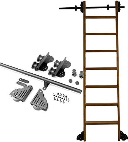 DRFGNF Library Hardware Rollleiterschienen-Kit, schwarzes Rundrohr, einziehbare Schiebetürschiene für Scheunentore mit Bodenrollensatz, Zubehör, 100 cm