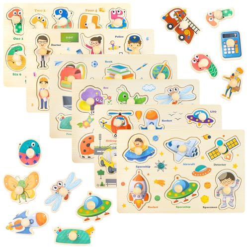 NewZC Puzzle Madera Infantil Educativo 6 Piezas Rompecabezas de Madera Montessori Bebes Rompecabeza de Encastre con Asas para Niños y Niñas -Insectos NúmerosTransporte Espacio Ocupaciones Educativos