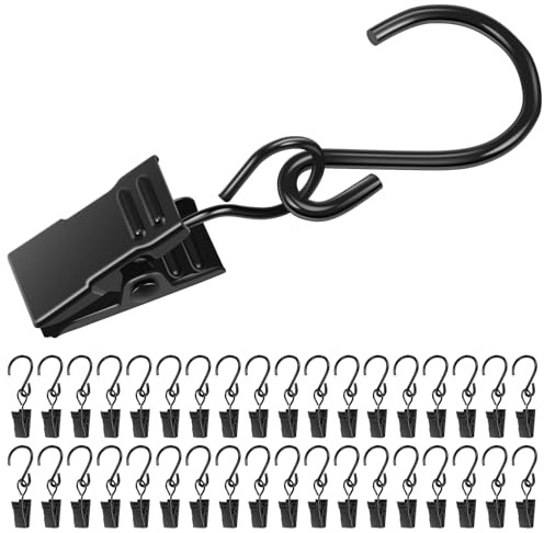 BXUYAOXMC 100-Pack Heavy Duty S Hooks with Clips, 2.36 Inch Metal String Light Clips for Outdoor Patio, Rust-Proof Curtain Hooks for Hanging Christmas Lights, Party Decor, Gutters, Awning - Black