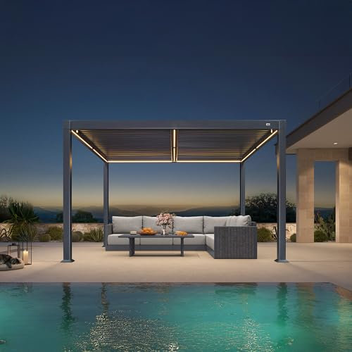 Pergola bioclimatique en aluminium 3 x 3,65 m, tonnelle de jardin imperméable avec lattes réglables et lumières LED, parfaite pour terrasse, patio et abri d'auto, auvent extérieur gris