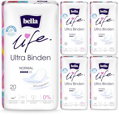 bella life Ultra Damenbinden Normal mit Flügel 100 Stück Großpackung atmungsaktiv parfümfrei (5x20)