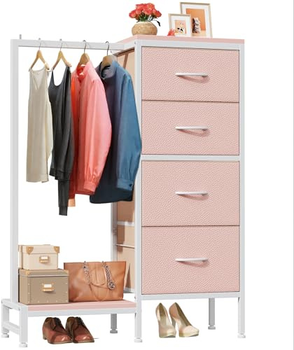 HIGDBFE Dresser with Hanging Rack, 4 Drawers Small Closet for Bedroom, Reversible Fabric Kids Chest of Drawers with Clothes Rack, Tall Storage Tower, Sturdy Frame, Pink, 44''H