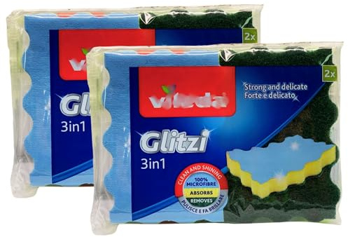 Spugna Abrasiva Glitzi 3In1, 100% Microfibra Per Rimuovere Lo Sporco Grasso e Per Una Brillantezza, Senza Aloni (2 Confezioni)