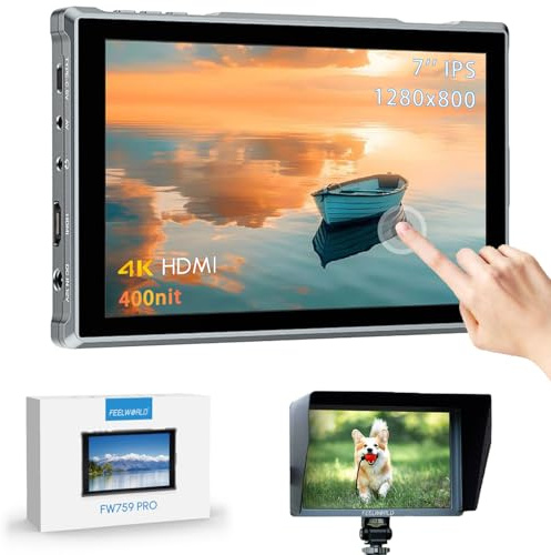 FEELWORLD FW759 Pro Touchscreen Camera Field Monitor 7 Peaking Video Assist, 300g, 4K HDMI 1280X800, kompatibel med DSLR med paraply, stöd för DC, typ-C och NP-F strömförsörjning