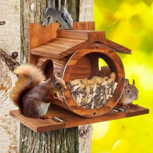 Futterhaus Eichhörnchen Wetterfest | Holz Eichhörnchen Futterstation mit Belüftungslöchern, 33x17x24cm Eichhörnchens Haus, Eichhörnchenfutterstation, Robust Haus für Hof Balkon Garten Baum