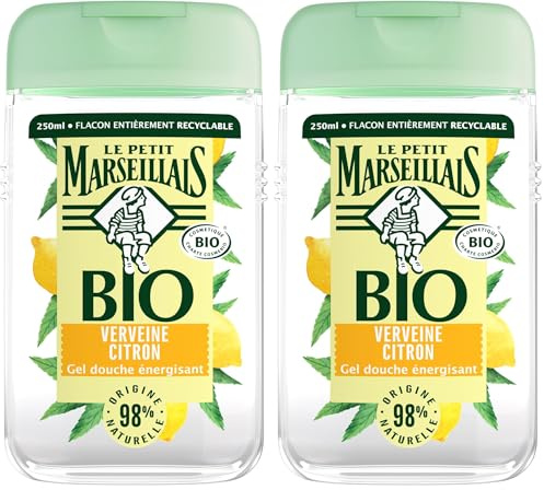 Le Petit Marseillais Gel Douche Énergisant BIO Verveine Citron (flacon de 250 ml) – 98% d'ingrédients d'origine naturelle et pH neutre pour la peau – Emballage recyclable et rechargeable (Lot de 2)