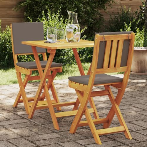 JHQHSM Faltbares Bistro-Set 3-teilig aus Massivholz Akazie mit dunkelgrauen Kissen für Balkon und Terrasse, platzsparendes Design, wetterfeste Sitzauflagen, robuste Konstruktion,