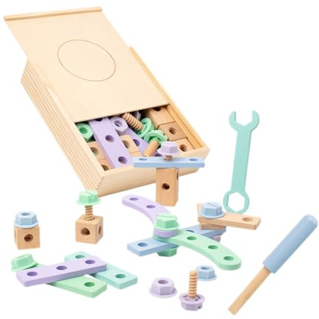 HEMOTON Coffret D’Outils en Bois pour Garçon et Filles, Jeu de Construction Éducatif Tout-Petits, 1 Ensemble Vis et Écrous, D’Apprentissage Motricité et Créativité, Boîte Outils Bois Sûre