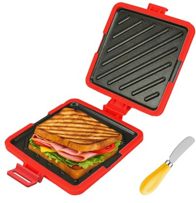Yumzxin Microwave Toastie Maker with Butter Knife - Panini Grill and Sandwich Press, No Electricity Needed, Dishwasher Safe, Portable for Home & Office, Travel Friendly (Red)