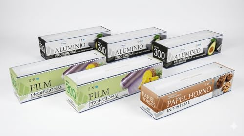 Pack Profesional Hostelería - 6 Rollos: 3 Aluminio Extra Resistente + 2 Film Transparente PVC + 1 Papel de Horno Industrial - Kit Ahorro Cocina y Catering
