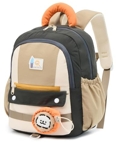 PROTAURI Mochila Infantil Niñas Niños con Correa Pectoral, Mochila Guardería Ligera e Impermeable, Mochila Bebé Guardería Retro con Peluche Amovible Adaptada a DIN A4 para 3-6 Años, 14.2L, Caqui