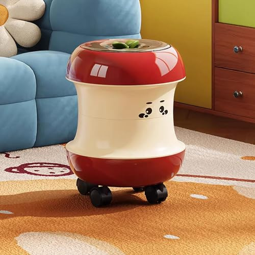 Papelera Infantil con Ruedas, Cubo de Basura Creativo con Diseño de Manzana Kawaii, Contenedor de Residuos de Doble Capa con Tapa de Presión para Dormitorio, Habitación de Niños y Salón (Rojo)