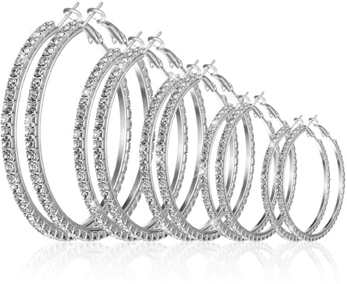 Nogeqi 5 Pairs Rhinestone Hoop Earrings Set. Sparkly Crystal Silver Hoop Earrings for Women Shiny Large Round Earring Hoops for Wedding Party Prom Outfit Jewelry Accessories Gift, 3/4/5/6/7cm
