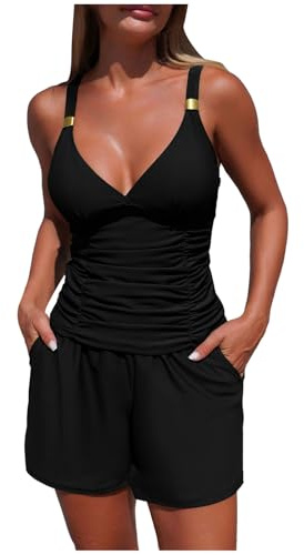 Bañadores Mujer 2 Piezas Tankini Cuello en U Conjunto de Bikini Top y Shorts Bottom con Tirantes Control de Barriga Push Up Bañador Mujer Reductor Barriga para Playa Piscina Verano