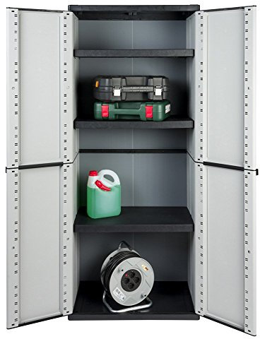 Kreher Kunststoffschrank, Werkstattschrank mit drei höhenverstellbaren Böden und abschließbaren Türen. In Grau. Maße ca. 67 x 38 x 164 cm.