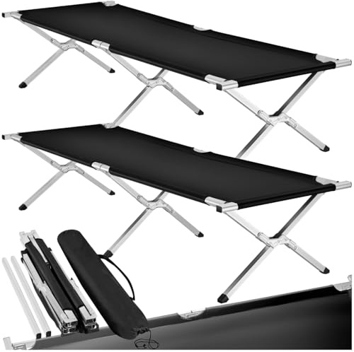 tectake® 2 x Lettino da Campeggio, Lettino Pieghevole Portatile, Lettino Mare con Borsa, Letto Pieghevole da Esterno, Robusto, Portata Fino a 150 kg, Camping, Spiaggia, Piscina – Nero