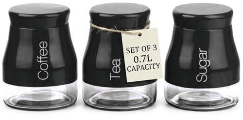 Gr8 Home Set of 3 Tea Coffee Sugar Canisters | Glass Kitchen Storage Jars with Screw Lid | Tea Coffee and Sugar Canisters Set 0.7L | Black Tea Caddy Kitchen Storage Containers