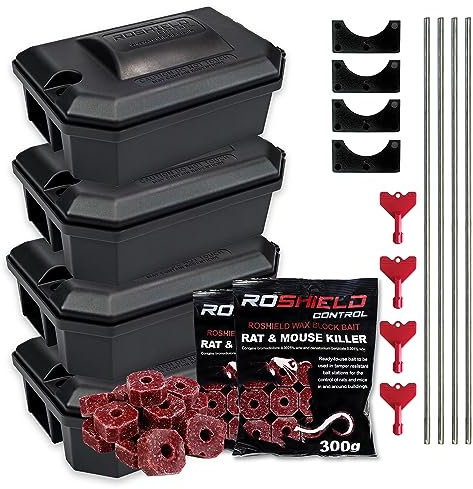 ROSHIELD External Tamper Proof Rodent Boxes & Wax Bait Rat Killer Poison Block Kit (4 Boxes & 300 gr Blocks)