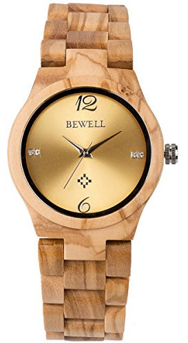 Alienwork Armbanduhr Damen Gelb Holz-Armband Gold Holzuhr Natur-Holz