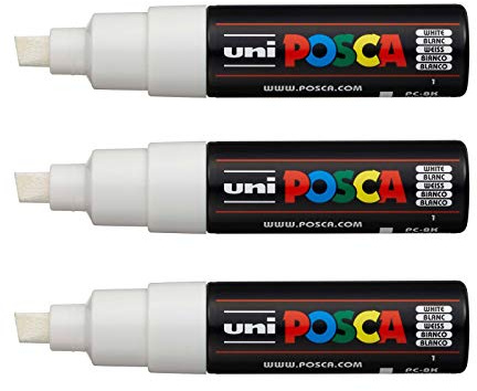 POSCA PC8K 3 Marker, Wasserbasis, für alle Untergründe, Weiß | Uni Mitsubishi Pencil – breite Keilspitze 8,0 mm. Deckende Farben, permanent auf porösen Oberflächen