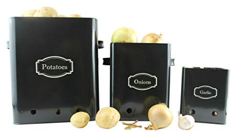 Gardening Naturally Black Kitchen Storage Tins, Set of 3 For Potatoes, Onion and Garlic